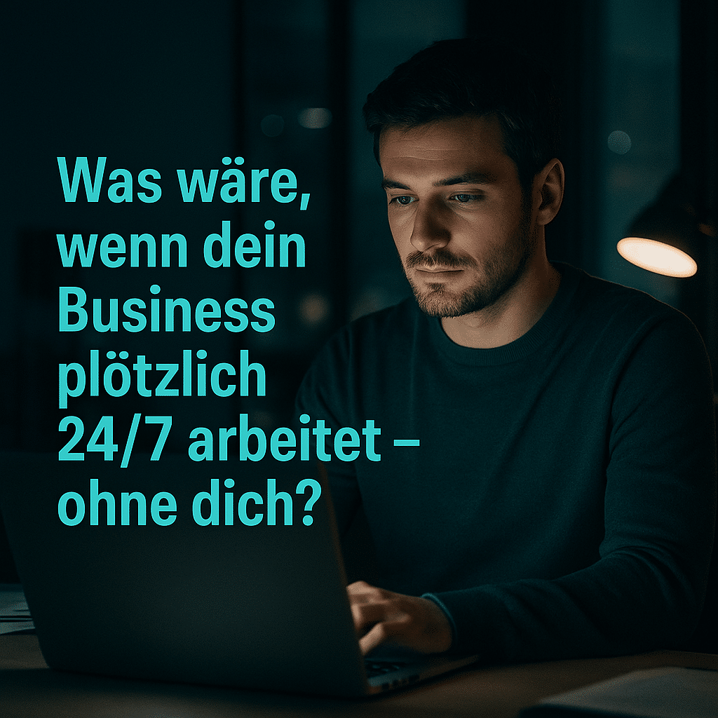 Junger Mann arbeitet spät in dunklem Büro an seinem Laptop, daneben der Text: „Was wäre, wenn dein Business plötzlich 24/7 arbeitet – ohne dich?“ – modernes Visual im 1080×1350 Format, Anthrazit-Türkis.